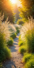 Serene garden path lined with ornamental grasses in sunlight