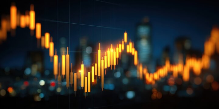 Financial market graph chart showing ups and downs with city blurred lights background