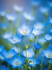 Close-up of delicate blue Nemophila flowers swaying gently in the breeze