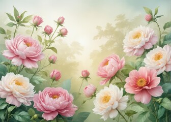 Delicate watercolor flowers blooming in a lush garden