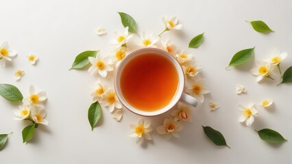 Delicate Jasmine tea flowers surrounded by vibrant orange petals and leaves in a minimalist setup