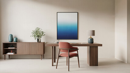 Minimalist Modern Home Office Interior with Wooden Desk and Art Frame