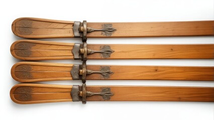 Old wooden skis with intricate carvings and worn finish on a crisp white background