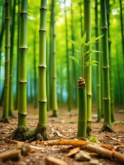 Obraz premium Dense cluster of bamboo sprouts emerging from the forest floor amidst lush green foliage