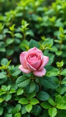 A delicate pink rosebud nestled among lush green foliage on a sturdy shrub