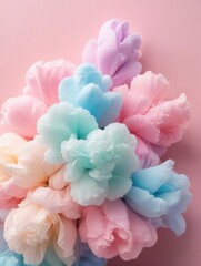 Obraz premium Colorful fluffy cotton candy clouds against a pale pink background with white puffy centers