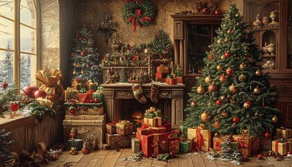 The illustration shows a room with a large Christmas tree, presents under it, a fireplace, stockings hanging by the fireplace, and a wintery view outside a large window.