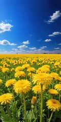 Obraz premium Field filled with vibrant yellow dandelions stretching towards the clear blue sky above