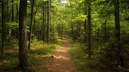 Obraz premium Sun-Dappled Trail through a Verdant Forest in Adirondack Mountains