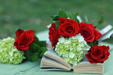 Bouquet of red roses flowers, book, knowledge, gift, free space