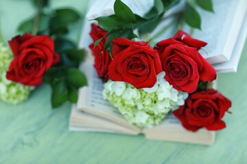 Red roses, bouquet of flowers, book, knowledge, gift, free space