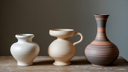 Three unique ceramic vases of different shapes and sizes showcasing pottery craftsmanship and design aesthetics for home decor and artistic expression