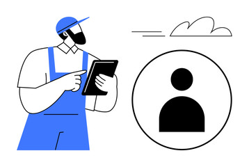 Man in cap and overalls holding tablet, pointing at screen, large profile icon with cloud. Ideal for technology, workforce, digital management, communication, teamwork, logistics simple flat