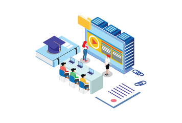 Modern Isometric Dictionary, encyclopedia library, or web archive. Technology and literature, digital culture in the Cloud media library, Suitable for Diagrams, Infographics, And Other Graphic Asset
