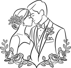 Bride and groom romantic illustration, wedding kiss drawing, floral decoration art, elegant marriage couple design, CAD drawing flat vector illustration