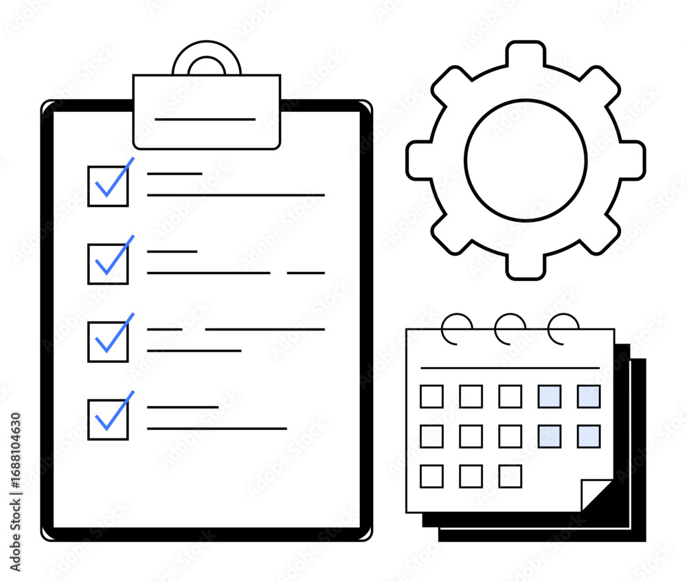 Poster checklist with marked tasks, calendar for scheduling, and gear for workflow integration. ideal for o