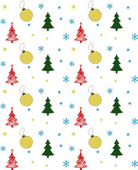 Christmas seamless vector pattern drawn in childish style with christmas trees, baubles, snowflakes and stars in red, yellow, green and blue colors