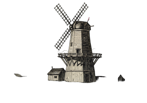 Isolated Illustration Of A Black And White Windmill Against A Transparent Background