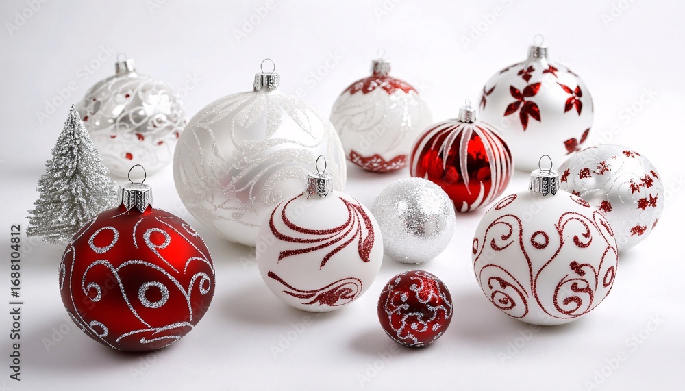 Poster the image shows multiple red and white christmas tree ornaments of various sizes and designs arrange