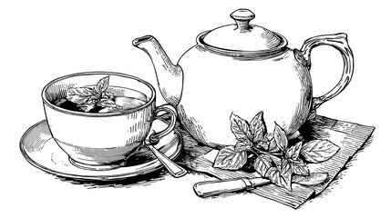 Illustration of teacup, saucer, teapot and mint on cloth; sketchy black and white design