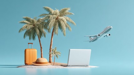 Obraz premium Travel-Themed Image: Laptop, Straw Hat, Suitcase, Flying Airplane, and Palm Trees Against a Blue Background