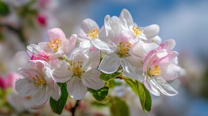 Fototapeta premium Soft light blooms showcase pristine white & pink petals against blurred sky backdrop