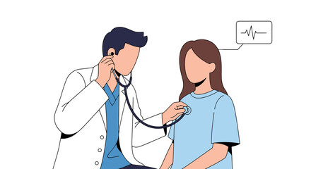 Medical Examination Illustration Featuring a Doctor Listening to a Patient's Heartbeat with a Stethoscope, Suitable for Healthcare Promotion and Medical Education Materials.