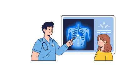 Doctor Explaining Chest X-Ray to Patient Illustration for Medical Education, Healthcare Awareness Campaigns, and Diagnostic Imaging Information Resources.