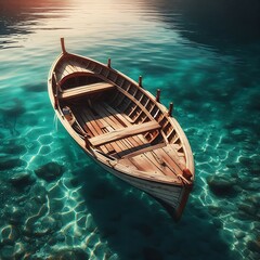 Obraz premium The Lonely Boat That Waits Upon the Crystal Blue Waters Where the Sunlight Falls Gently and the Depths of the Sea Shine With Clarity and Calmness The Vessel Stands Still Yet It Holds Within Its Frame 