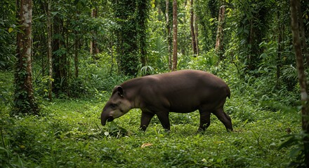 Tapir grazing in lush rainforest habitat