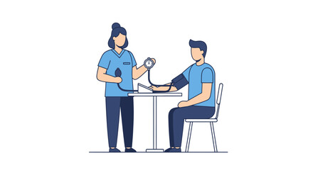 Healthcare Professional Measuring Patient's Blood Pressure for Routine Checkup Illustration, Suitable for Medical Education, Health Awareness Campaigns and Clinic Promotional Materials.
