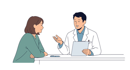 Doctor consulting with female patient in clinic for medical advice, health guidance, and treatment options. Suitable for healthcare marketing and patient education