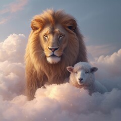 A powerful wildlife portrait of a wild lion with a huge mane in the sun, snow, and sky