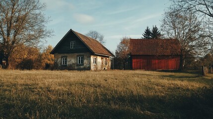 Obraz premium Rustic charm of an old farmhouse and barn in a sunlit meadow landscape