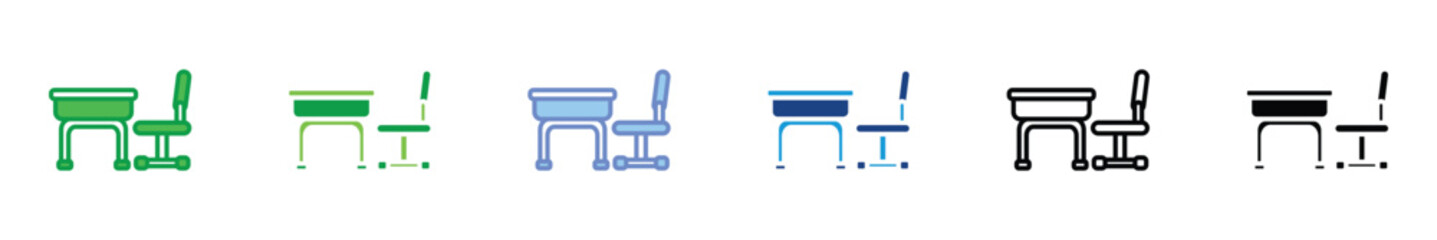 Classroom Desk Icon Set – School Furniture, Student Seat, Education, Learning, Study Table, Teacher Desk, and Academic Symbols in Multiple Styles