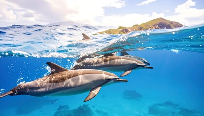Fototapeta premium Dolphins swimming in ocean near island