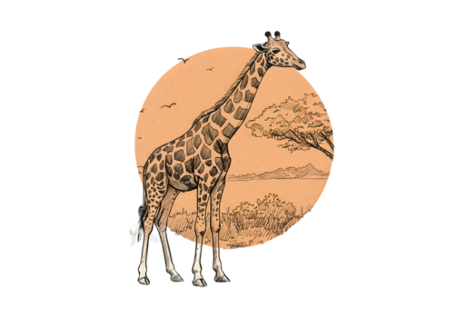 Isolated Illustration Of A Giraffe With Orange Circle Background