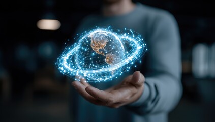 A person's hand holds a holographic, glowing Earth, surrounded by ethereal rings