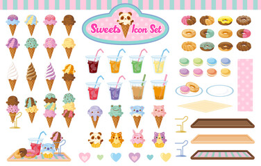 スイーツアイコンセット｜アイスクリーム・ドーナツ・マカロン・ドリンク・アニマルスイーツ(Sweets Icon Set | Ice Cream, Donuts, Macarons, Drinks and Animal-Themed Desserts)