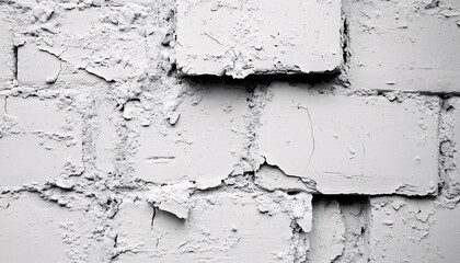 Obraz premium The image shows a close-up view of an old whitewashed brick wall; the paint is peeling and cracked, revealing the underlying brickwork.