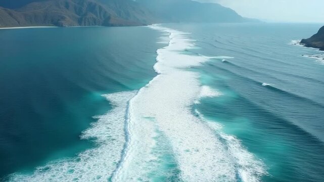 Aerial view of sea against mountains movement of waves rolling to shore Movement of waves captures nature's power untouched paradise. Movement of waves dance of wild beauty and nature force.