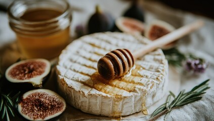 Creamy brie-style cheese, honey drizzle, and figs