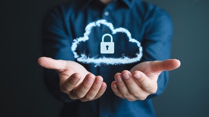 Hands Presenting Glowing Blue Holographic Cloud with Lock Icon, Representing Cloud Data Security, Cyber Protection, Digital Safety, and Technology