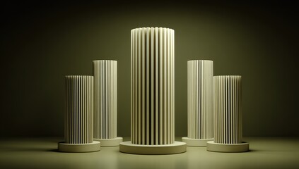 Obraz premium Five light beige columns, fluted, on light beige bases, illuminated, dark olive-green background