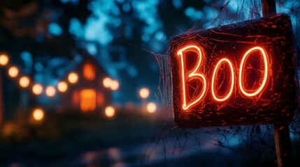 A spooky sign reading "Boo" illuminated in neon, surrounded by cobwebs, with a cozy cabin and glowing lanterns in the blurred background.