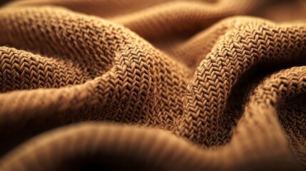 A close-up of textured fabric, showcasing intricate weaves and rich brown hues, highlighting its softness and warmth.