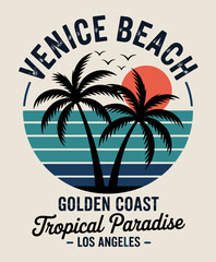 A vibrant graphic design featuring Venice Beach, characteristic palm trees, and a sunset, capturing the essence of a tropical paradise in Los Angeles perfectly.