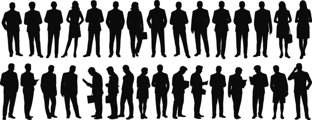 Business professional silhouettes, corporate team, formal attire, office workers, teamwork, communication, briefcase, documents, diverse colleagues, flat vector illustration, workplace diversity, 