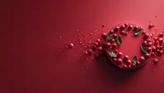 Red cake with holly and berries, a festive design