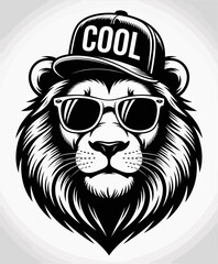 This captivating lion illustration showcases a fierce yet fashionable character sporting sunglasses and a hat labeled 'COOL', evoking a sense of trendy, confident individuality.